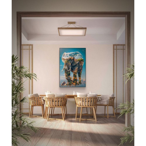 Elephant wall art in modern dining interior, nature-inspired digital artwork